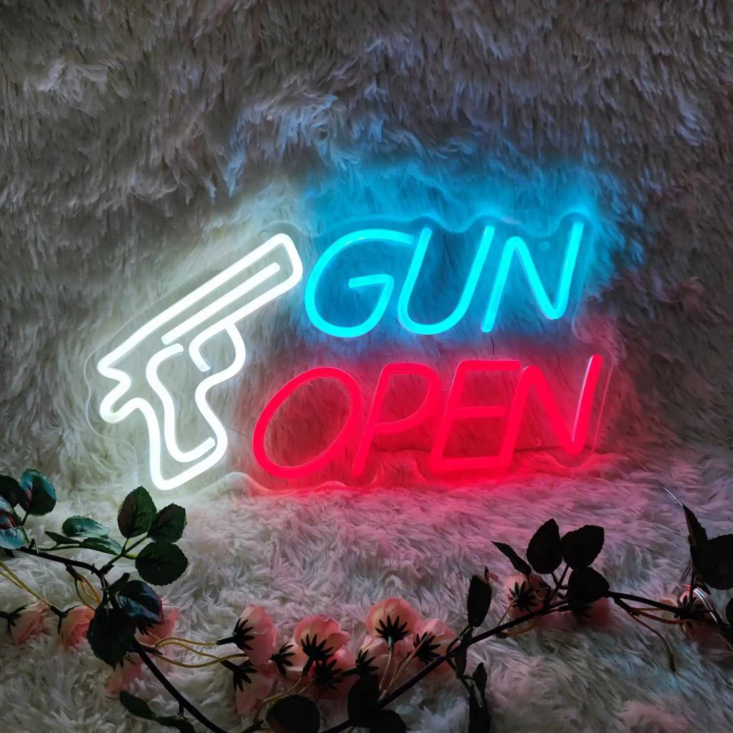 Gun Open Neon Sign LED Neon Light Sign Room USB Unique Decor for Clubs Bedrooms Shops Man Cave Gun Club Pub Party Bar DecorXJ250602