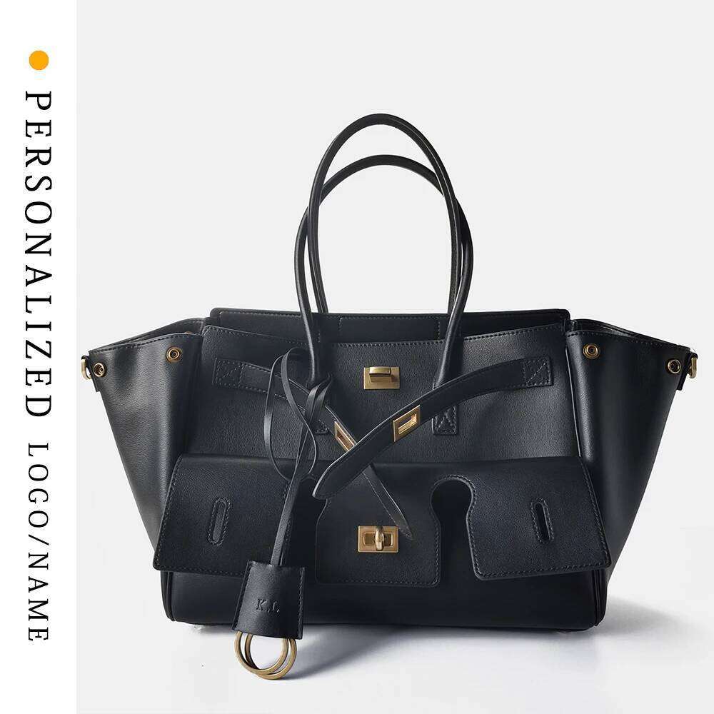 New Genuine Leather Capacity Women's Dark Motorcycle Tote Large Square Buckle Underarm Bag Multi-Pocket Women