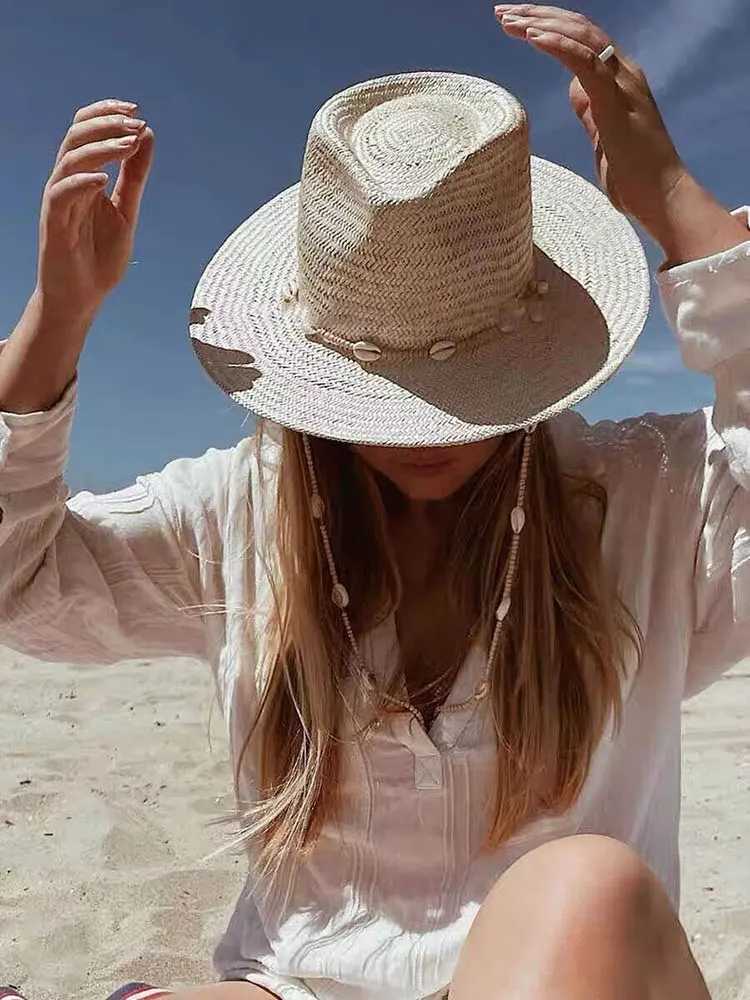 Summer Panama Hats For Women Sun Hat With Long Shell Conch Chain Straw White Black Jazz Caps Men Vintage Fedora Designer Hats W250602