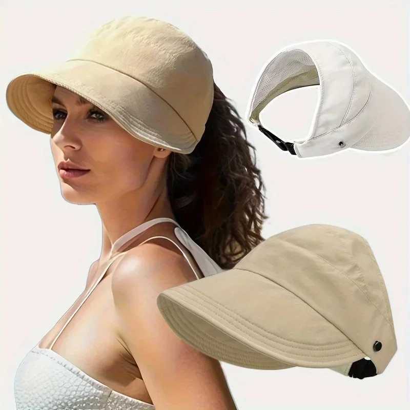 Summer Wide Brim Sunhat Women Foldable Adjustable Outdoor Beach Bucket Hat UV Protection Visors Fisherman Ponytail Caps W250602
