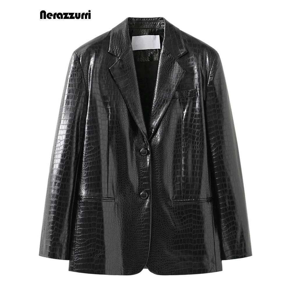 Nerazzurri Spring Black Reflective Crocodile Print Leather Blazer Jacket for Women Long Sleeve Soft Loose Casual Korean Fashion