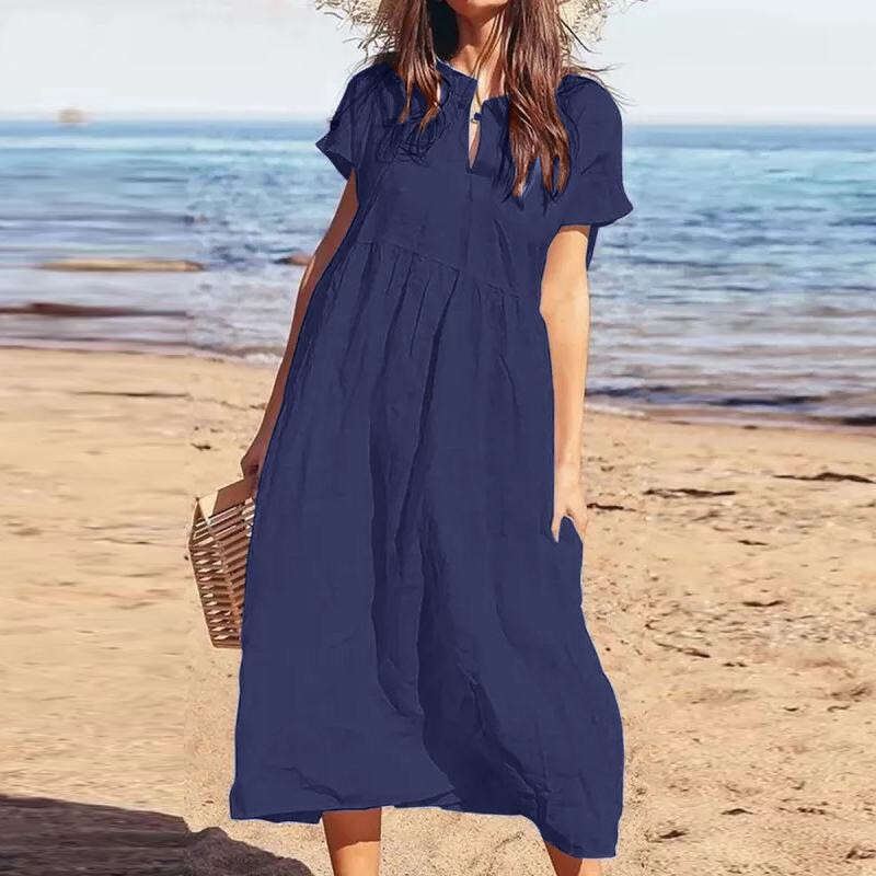 Summer Temu New Solid Color V-Neck Short Sleeve Loose Casual Long Cotton Linen Dress For Women B5