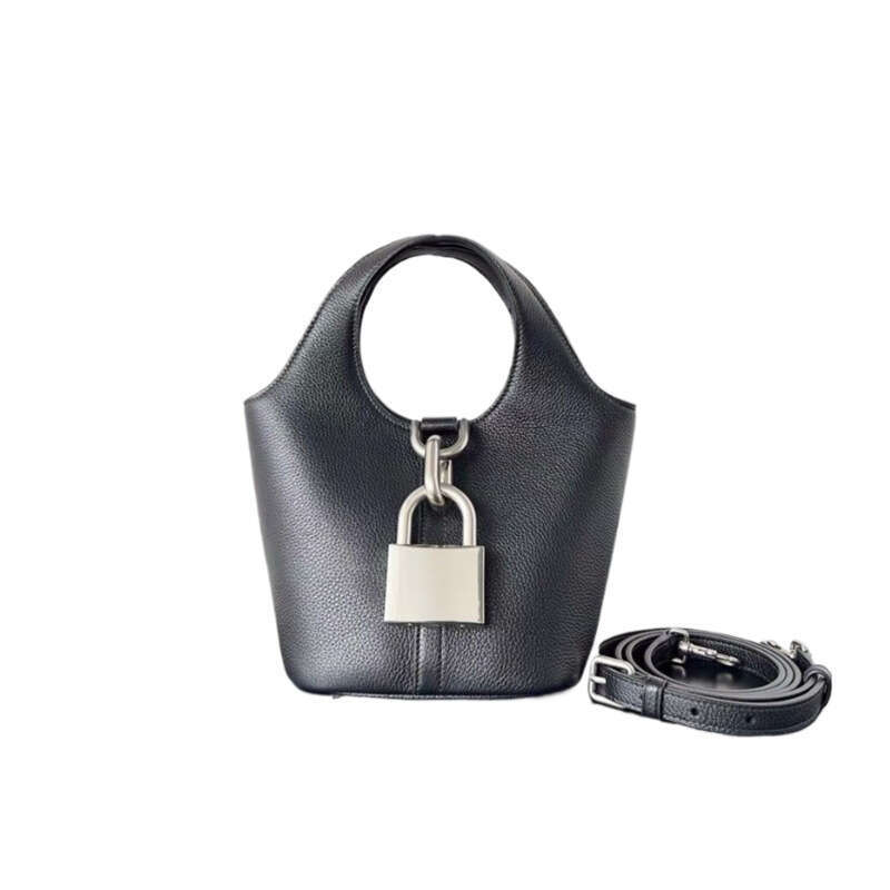 New Locker Lock Hobo Litchi Pattern Basket Bucket Bag First Layer Cowhide Single Shoulder Handbag