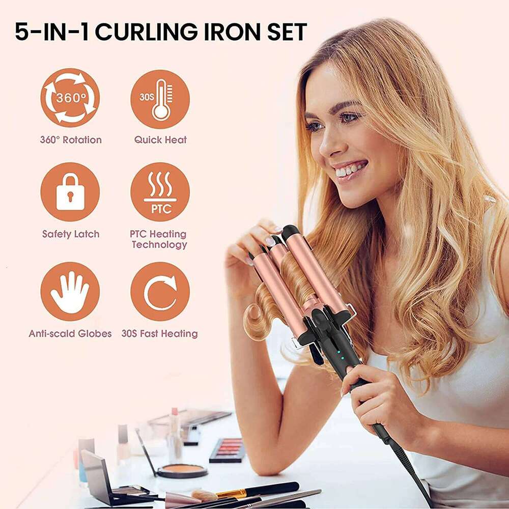 Waver Iron Wand, 5 in 1 Curling Set with 3 Barrel Crimper for Women, Fast Heating Hair Wand Curler