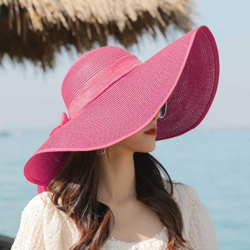 INS Handmade Weave Bow Sun Hats for Women 2023 Black Ribbon Large Brim Straw Hat Outdoor Beach Summer Caps Gorras Hombre W250602
