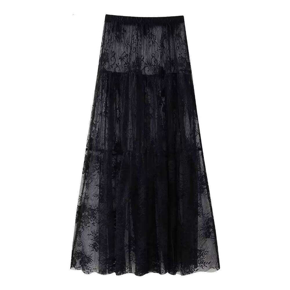 Black Lace Mesh High Waist Midi Tulle Long Translucent Party Women's Sexy Skirt 2024