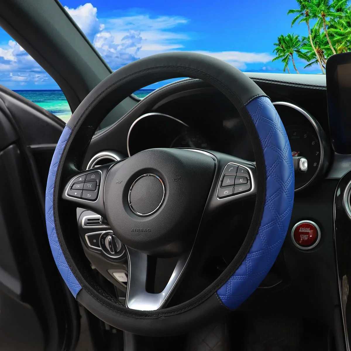 Simple PU leather black red color matching four seasons general elastic car steering wheel cover for 14.5-15 inches for women R250603