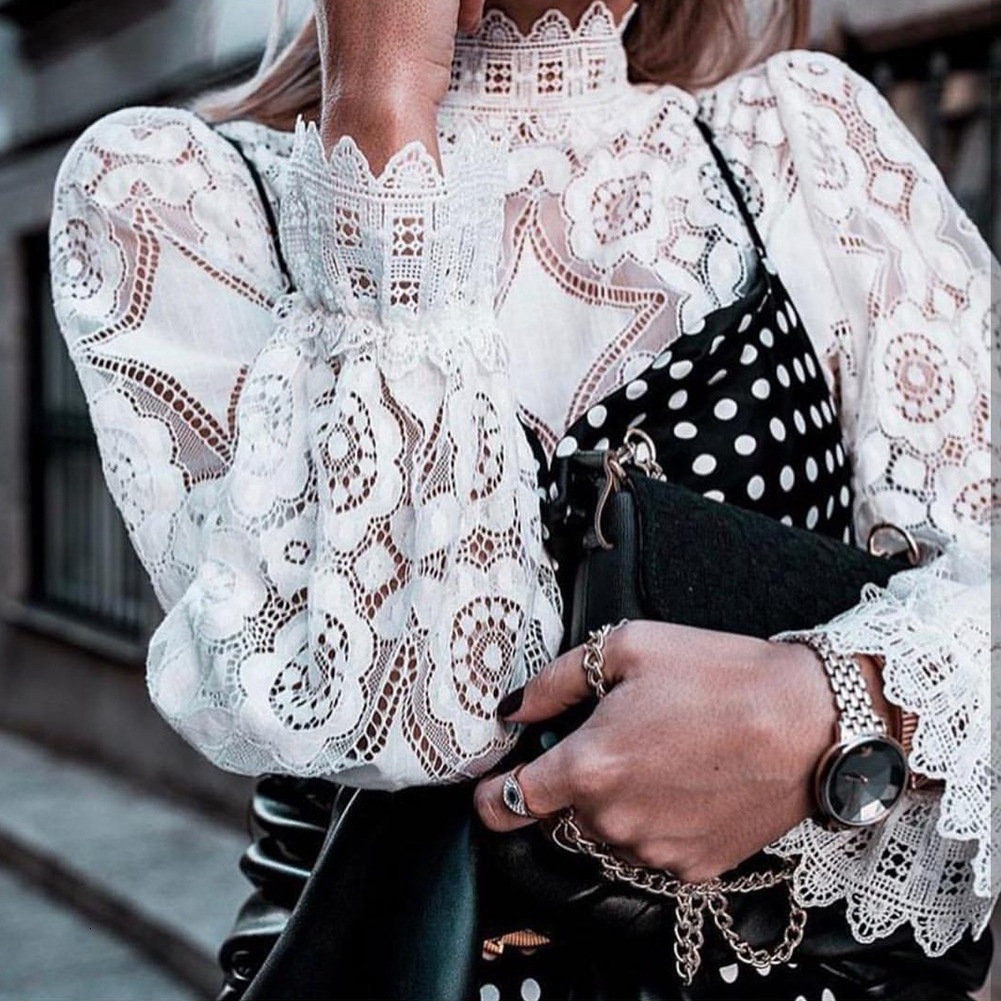 women's wear 2020 Women's Spring Summer New Sexy Sheer Long Sleeve Stand Collar Lace Top