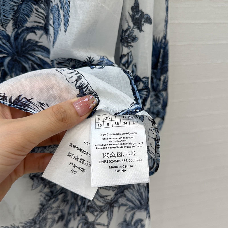 Summer Women's Butterfly Palm Print Cotton Shirt Classic Stand Collar Button Front Long Sleeve Loose Fit High-Low Hem Embroidered Retro Luxury Cl