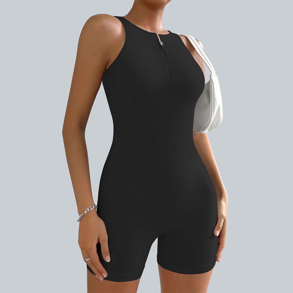 Sports Outdoor Fitness Zipper Solid Color Strap Chest Mat Short High Elasticity jumpsuit