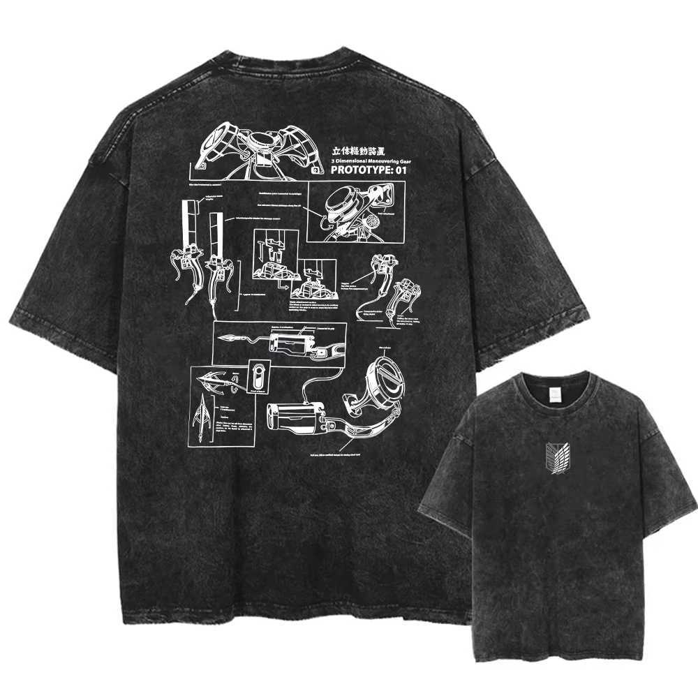 Anime Attack on Titan Eren Jaeger Printed T-shirt Men Vintage Washed Tshirt Manga Casual T Shirt Harajuku Male Cotton Tops W250603
