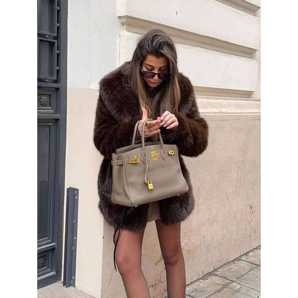 Vintage Fluffy Women's Faux Fur Coats Belt Lapel Full Sleeve Pocket Jacket Early Spring Warm Thicken Lady Outwear