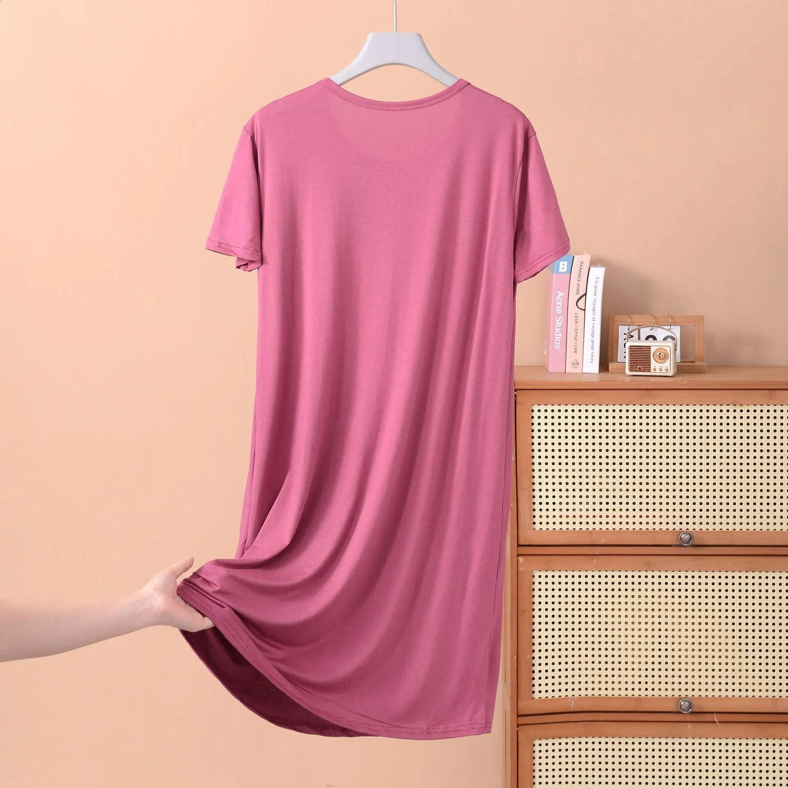 Plus size XL to 8XL Modal dress short sleeves summer womens cool dresses Solid color Bottomed sleepdress midlength homewear 250526