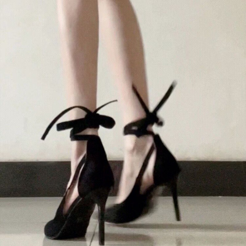 2025 Spring and Autumn New Lace-up Black Stiletto Heels for Women Elegant Socialite Niche Design Adult Dress Shoes