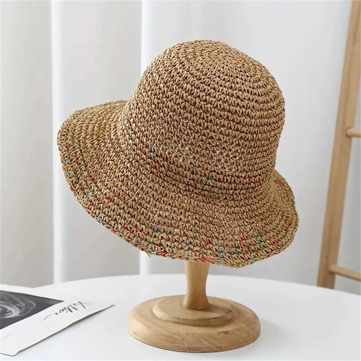 One Summer Hollowed-Out Sun Protection Hat Breathable and Not Stuffy Rainbow Seaside Vacation Style Wide Brim Woven Fisherman W250602