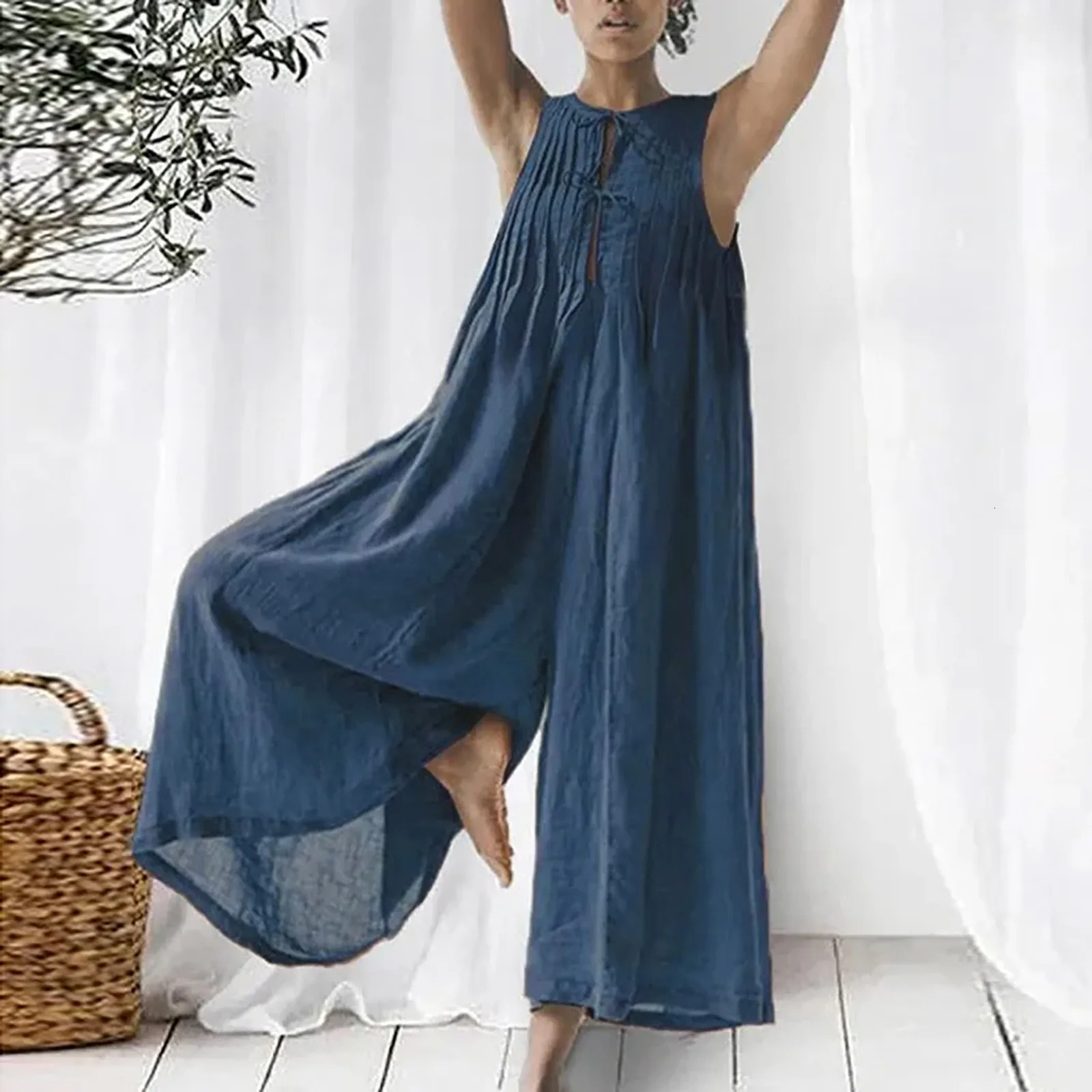 WomenS Summer Retro Casual Oversize Jumpsuit Chiffon Loose Wide Leg Jumpsuit Long Baggy Overall Trousers Jumpsuit Women 250603
