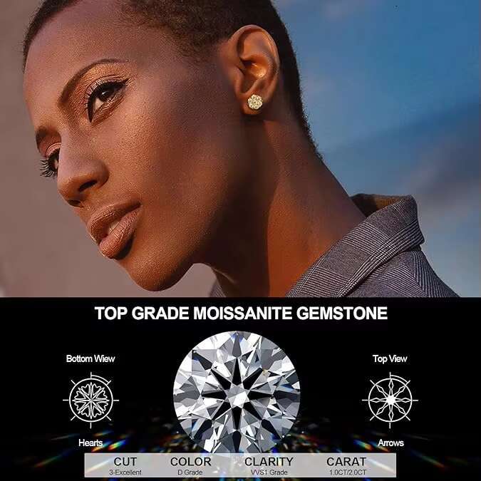 Hip Hop Iced Out Mossanite Studs Screw Backs 925 Sterling Silver 8.6mm Cluster Round Cut VVS Moissanite Stud Earrings