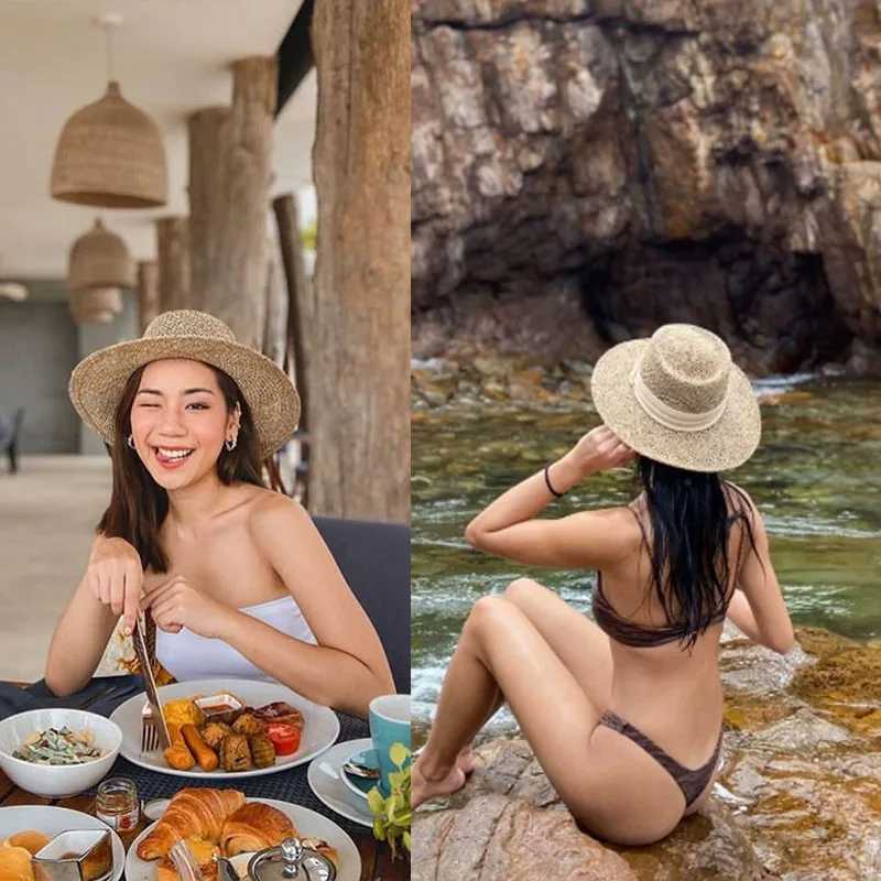 100% Natural Grasses Straw Hat Women 2025 Summer Wide Brim Travel Beach Sun Hat Black Ribbon Protection Visor Cap Panama Sunhat W250602