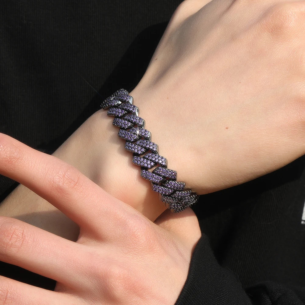 UWIN 13mm Prong Curb Cuban Bracelet Iced Out 2 Rows Purple CZ Stones Black Color Bracelets for Women Fashion Jewelry for Gift 250530