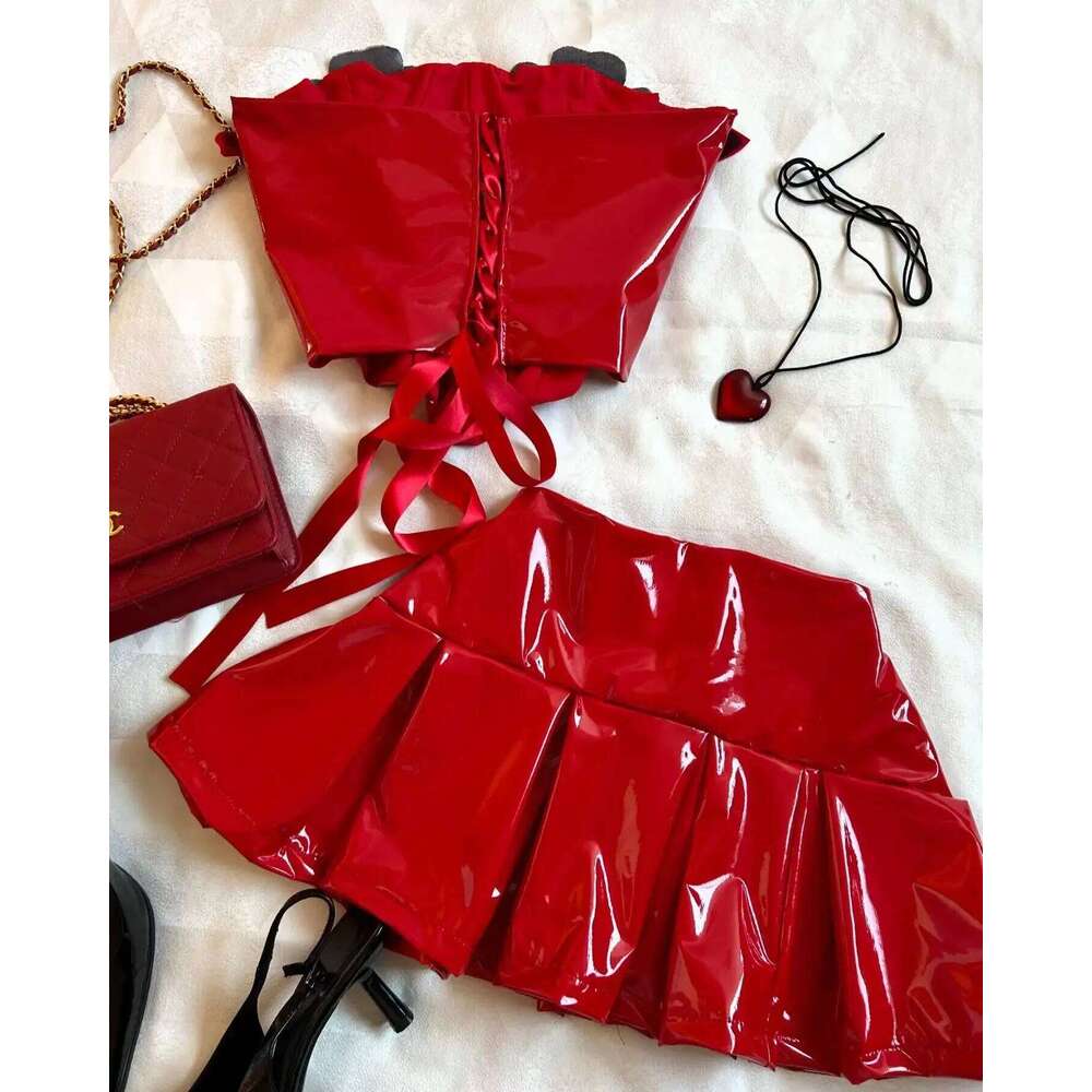 Haruku Black Y2k Mini Skirt Denim Splicing Leather Two Piece Sets Women Outfits Sexy Girl Gothic Camisole Tops Streetwear