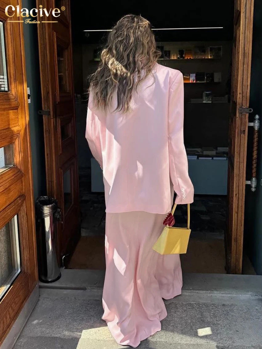 Clacive Fashion Loose Pink Satin Womens Two Pieces Set 2025 Elegant Long Sleeve Blazer With High Waist Maxi Skirt Set Female 250530