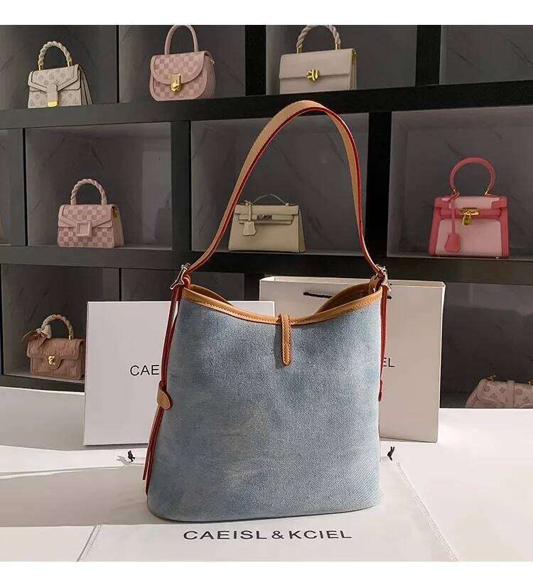 High Quality Women Handbag Fashion Bule Denim Bucket Large Capacity Casual Tote Lady Purse Female Shoulder Underarm Bag