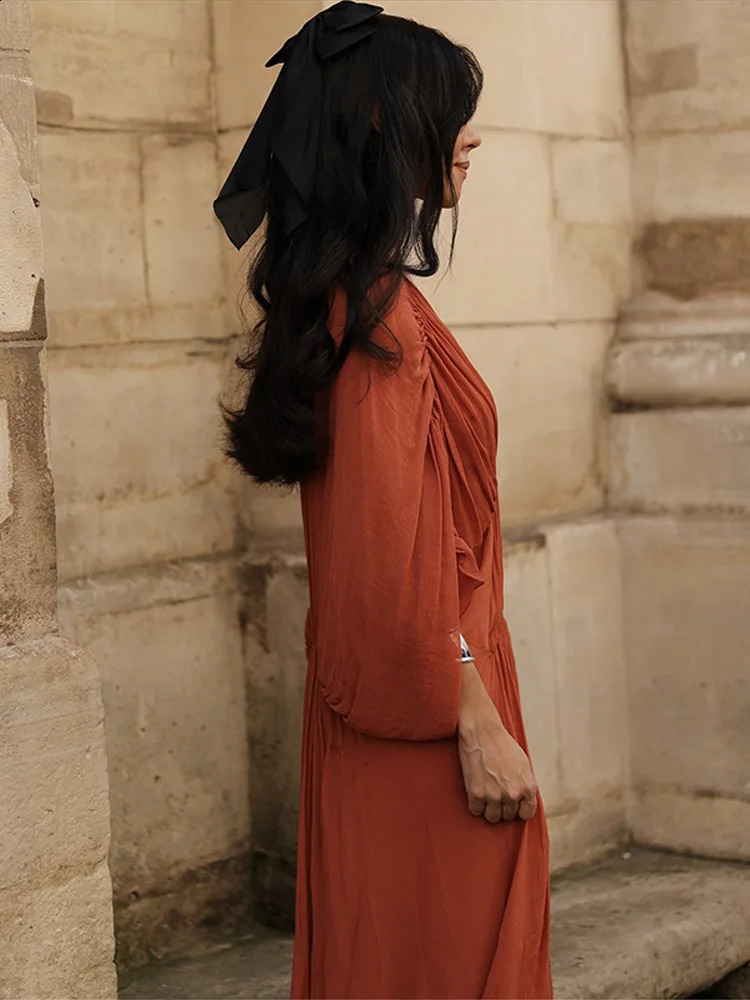 Casual Pleated Women Long Dress Orange V-neck Long Batwing Sleeve Patchwork Female Dresses Spring Summer Party Lady Robe 250530