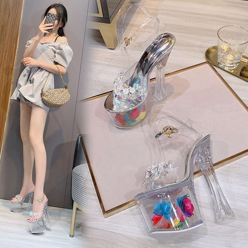 Glass Rhinestone Women Summer Transparent Waterproof Platform Thick Sole Sexy Versatile Super High Heels Sandals Crystal Wedding Shoes Platform High H
