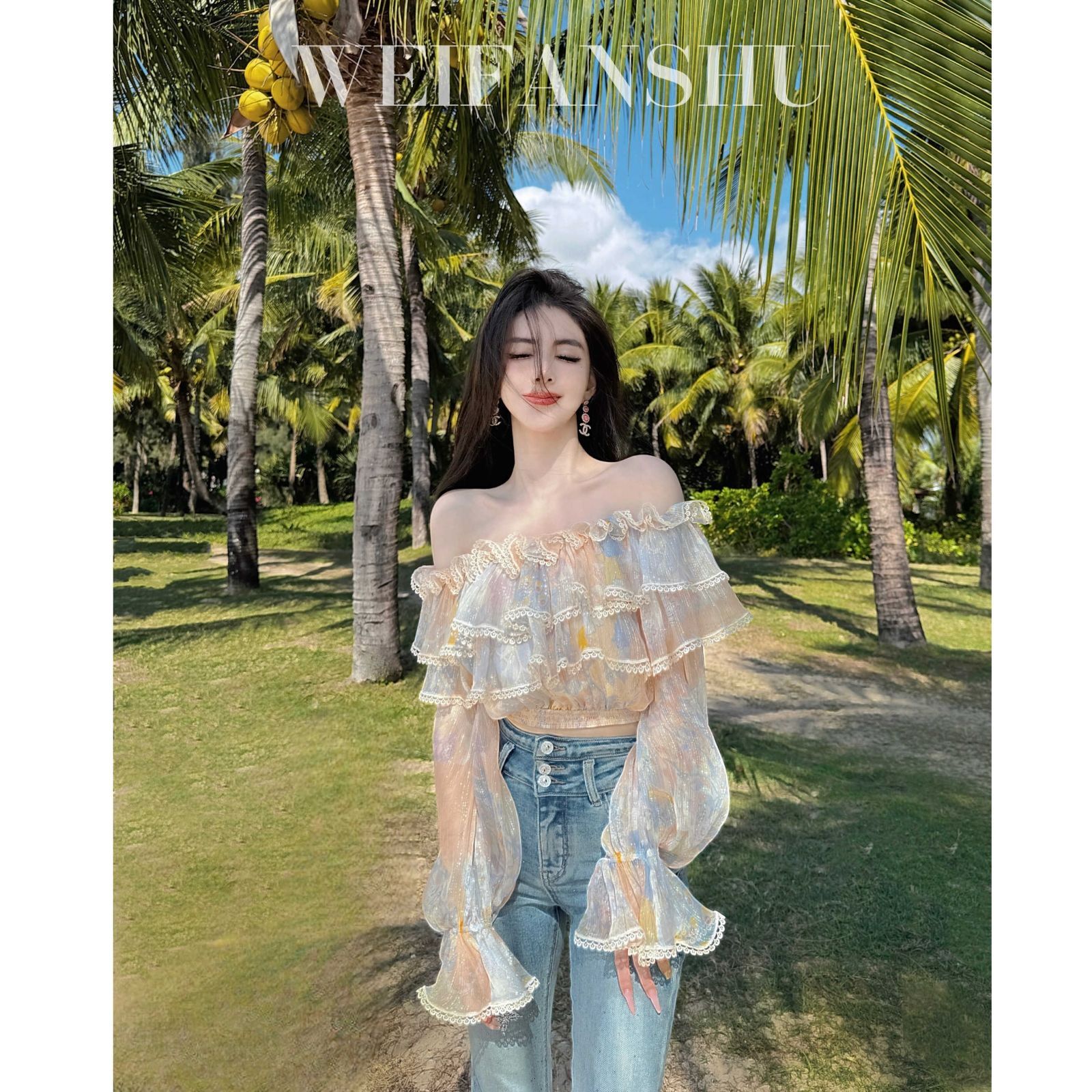 2025 new spring and summer women's T-shirt spring and summer new French ruffle edge off shoulder elegant top fairy style designer temperament one