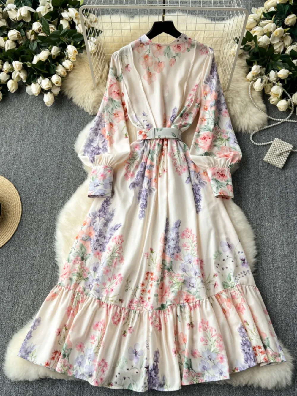 Neploe Elegant Lantern Collar Stand Collar Sweet Dress Print Belt Big Swing Patchwork Vestidos Slim Fit French Style Moda Robe 250530