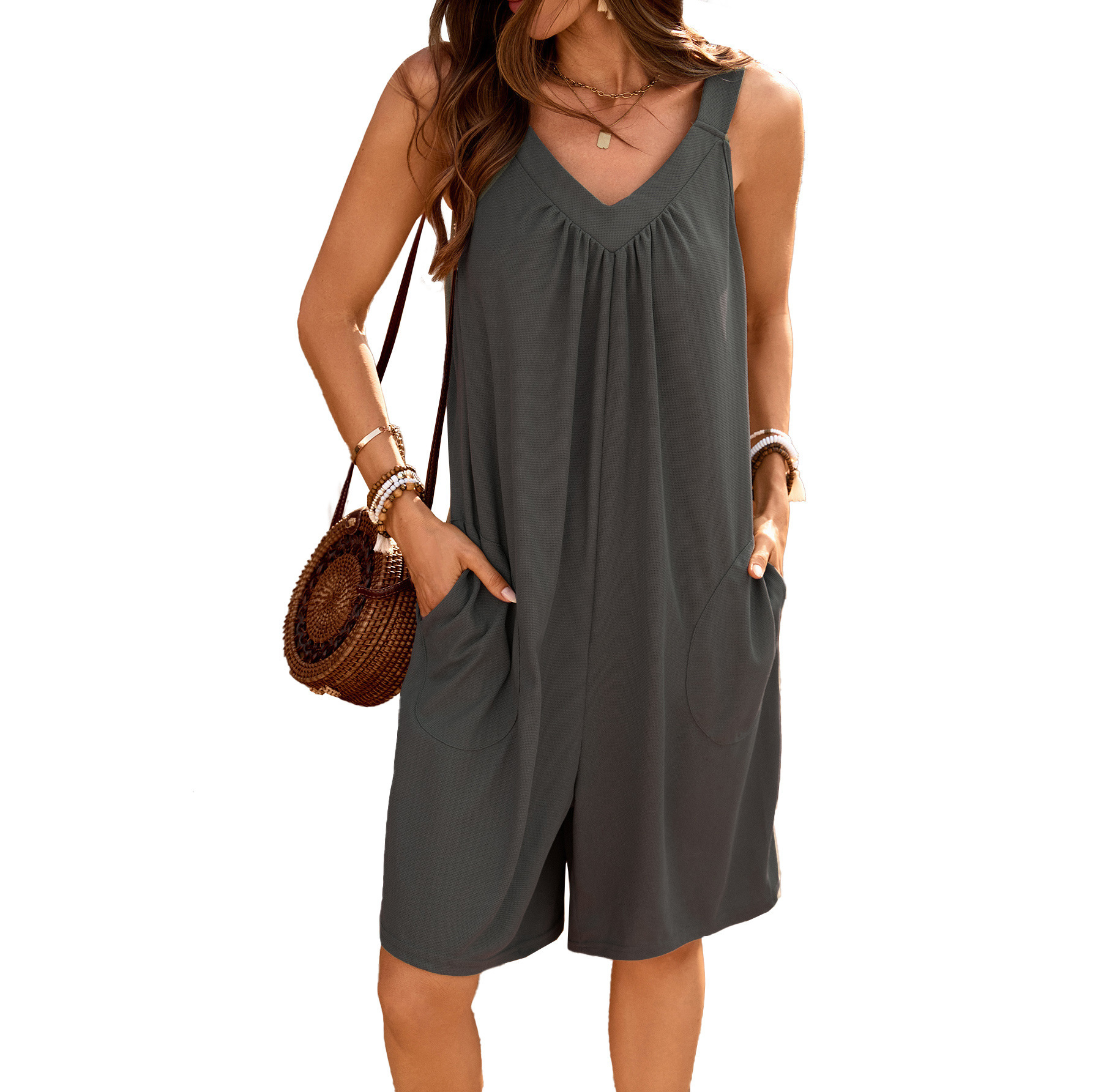 Luxury Designer Clothing European And American Summer Solid Color V-neck Loose Pocket Sleeveless Shorts Jumpsuit 2025 New Designer Dress