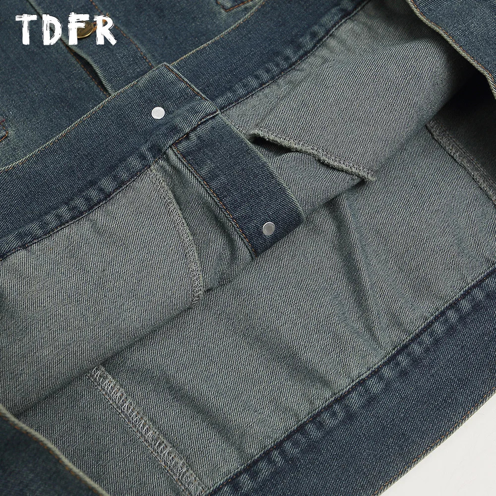 Retro Spliced Denim Jacket Mens Little Bear Embroidery Washed Distressed Streetwear Lapel Single Breasted Long Sleeve Outerwear 250529