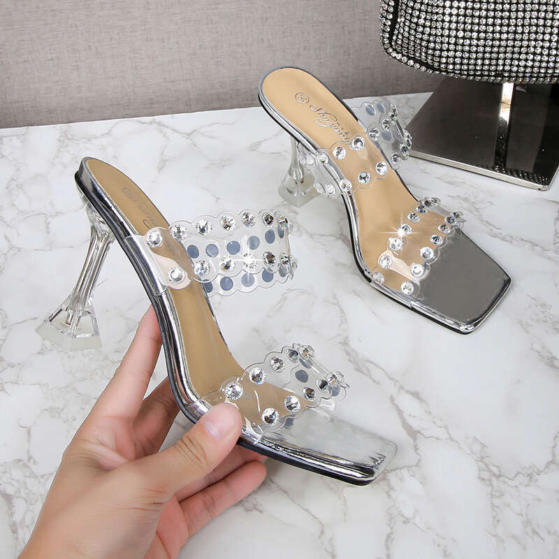 Super High Heels Wine Glass And Rhinestone Thin High Heels Square Toe One Strap Fairy Style Fashion Crystal Stiletto Slippers Platform High Heels