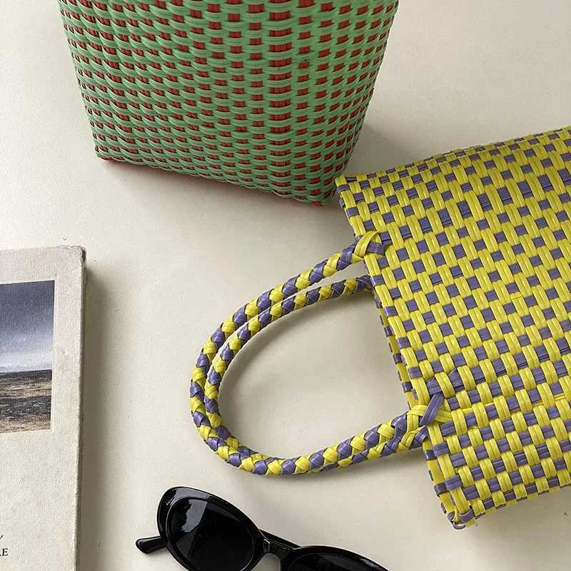 Hylhexyr Ins Plastic PP Hand Woven Beach Bag Vegetable Basket Bags Str Shopping Tote Carry Handbag Y250603