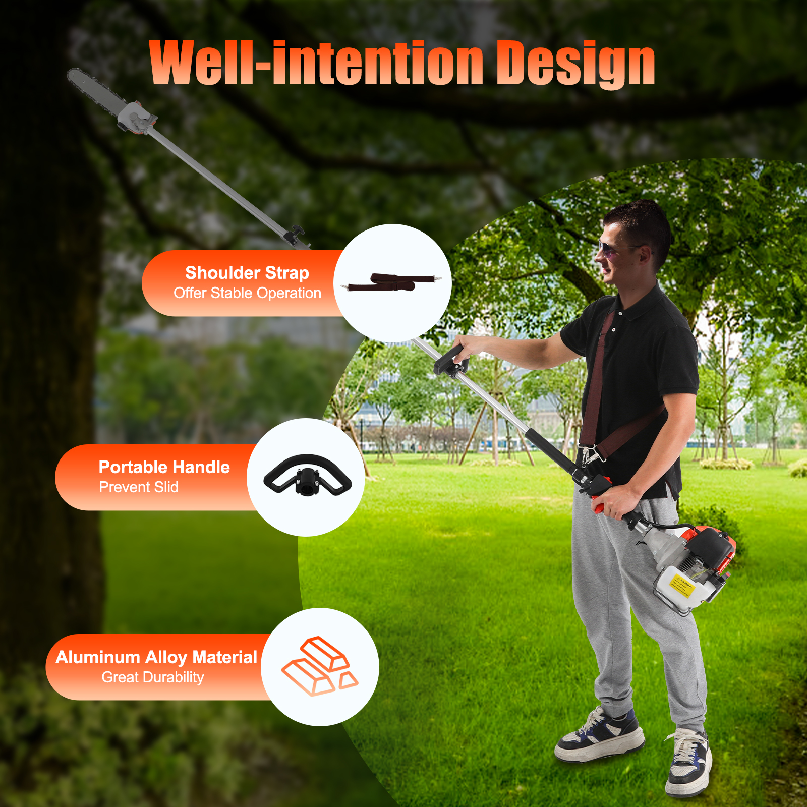 2-Stroke 52cc Pneumatic Chainsaw Pole Saw, Air-Cooled Pruner Gas Powered Tree Trimmer Tool Pruning Saw for Agricultural Gardening High Branch Saw