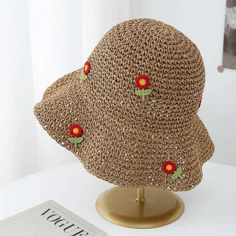Womens Korean Style Straw Bucket Hat Floral Adjustable Sun Protection Sun Hat Breathable Foldable Beach Hat for Summer Outdoor W250602