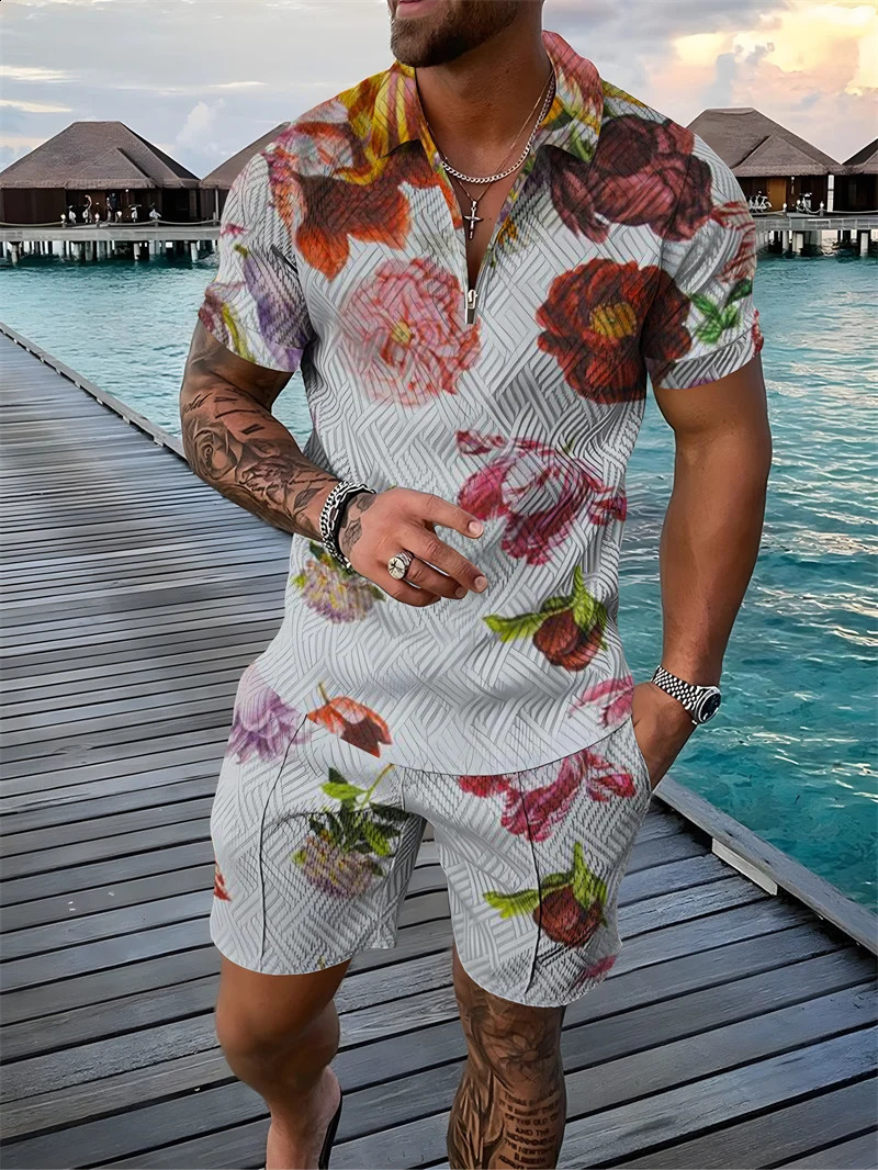 Flower 3D Print Polo Shirts Shorts Sets Mens Fashion Floral Oversized Short Sleeve Shirt Pants Set Suits Man Tracksuit Clothing 250530