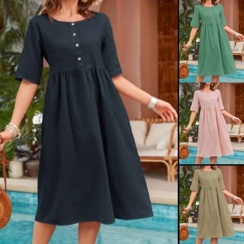 Spring Summer Cotton Linen Round Neck Loose Casual Solid Color Pocket Dress B5