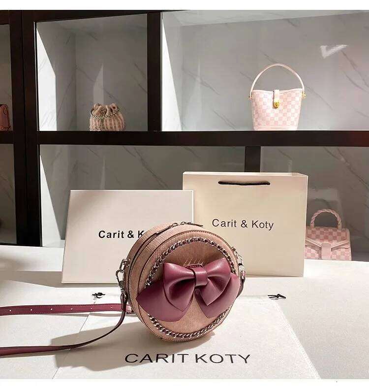 Fashion Cute Bow Knot Circular High Quality Clutch Purse Textured Leather Women Handbag Female Shoulder Messenger Bag