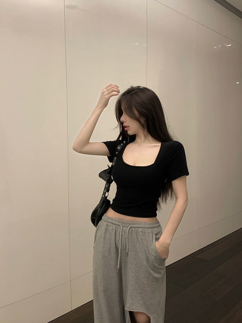 2025 new spring and summer women's T-shirt new American spicy girl hollow out backless top women's summer slim fit square neck designer shor