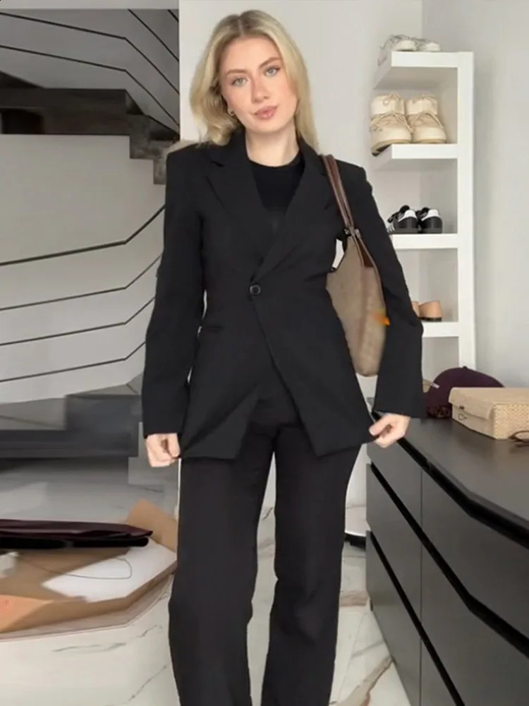 Elegant Slim Solid Womens Blazers Lapel One Button Shoulder Pads Long Sleeve Jacket 2025 Spring Office Lady Commute Outwear 250530