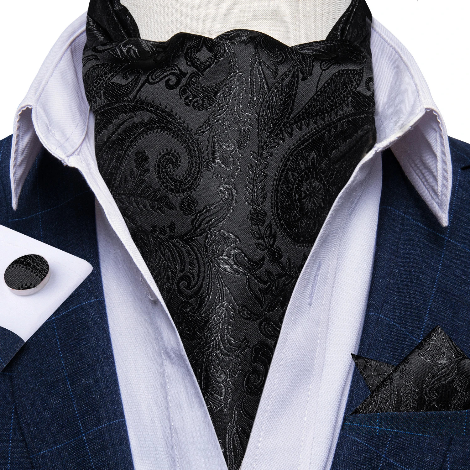 Vintage Ascot Tie British Gentleman Polyester Soft Neck Tie for Men Tuxedo Accessories Black Solid Paisley Cravat DiBanGu 250530