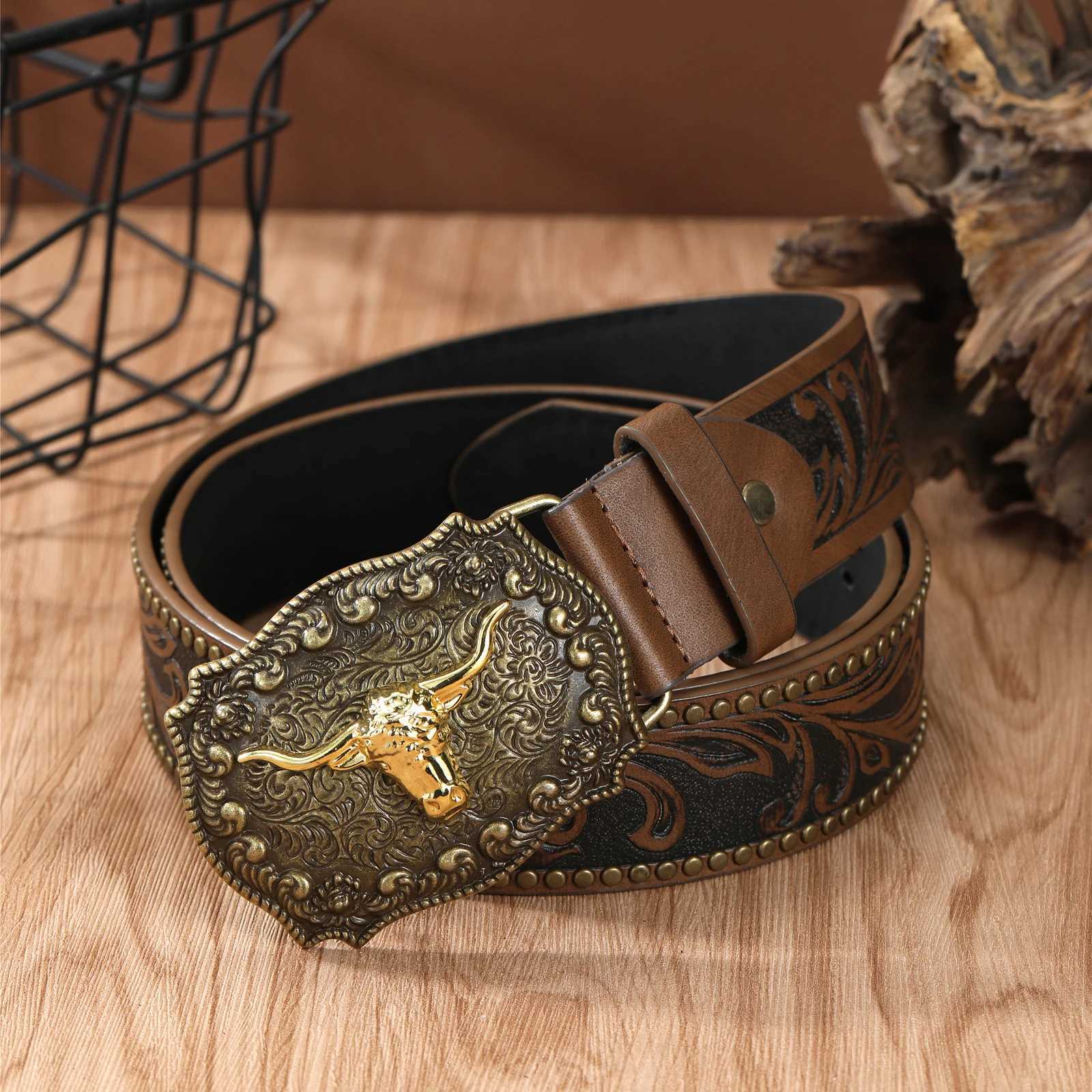 Western Cowboy Belt Cowhide Big Plate Buckle Trend Retro Belt Punk Style Pu Leather Belt XJ250602