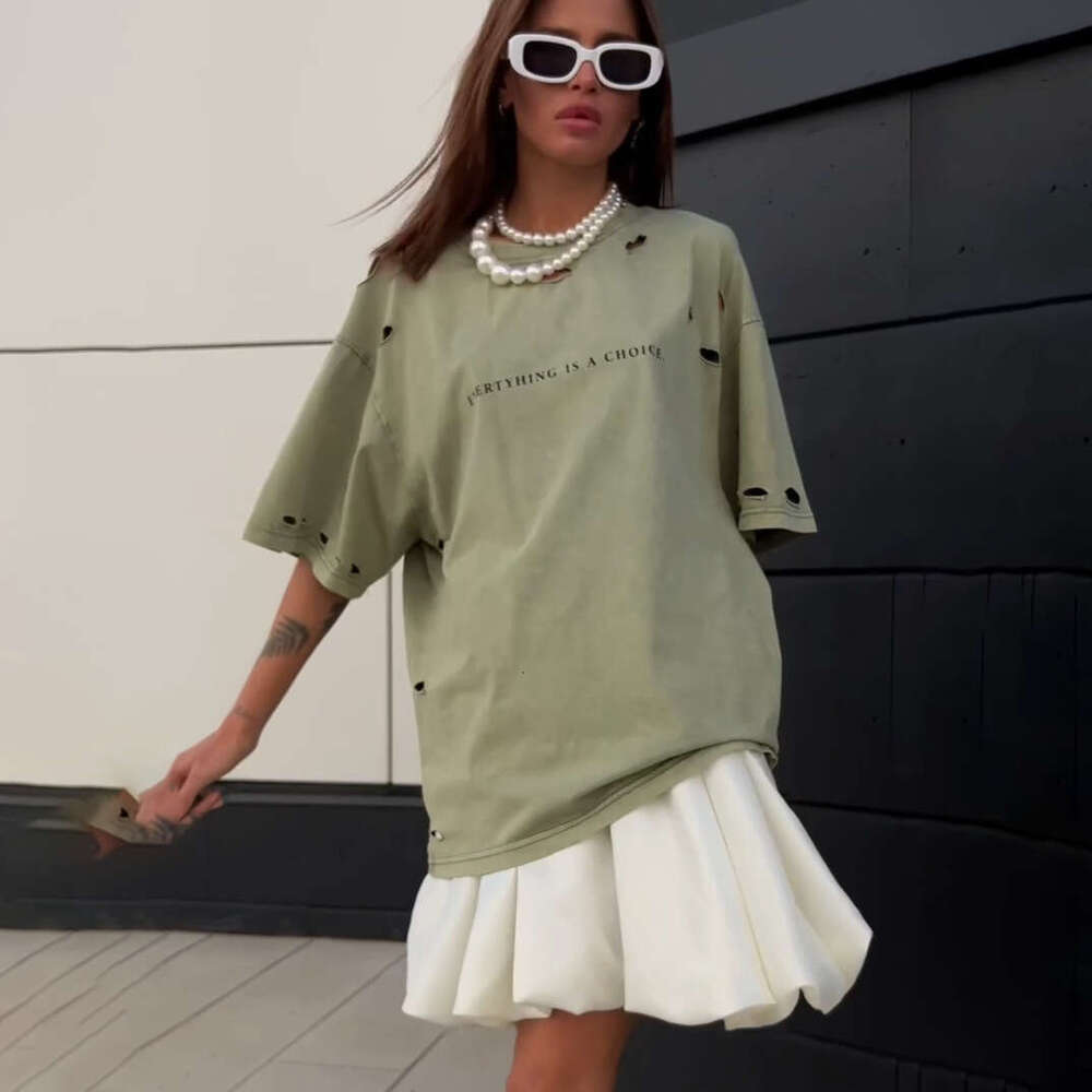 Hot Selling Distressed Letter Print Short Sleeve T-Shirt For Women Loose Slimming Summer Versatile New Top B5