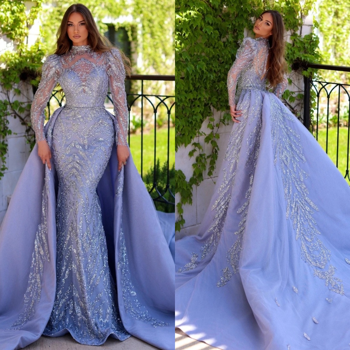 Stylish Evening Dresses Sequins High Neck Prom Dress with Detachable Train Backless Mermaid Princess Long Sleeves Party Gowns Vestidos De Noche