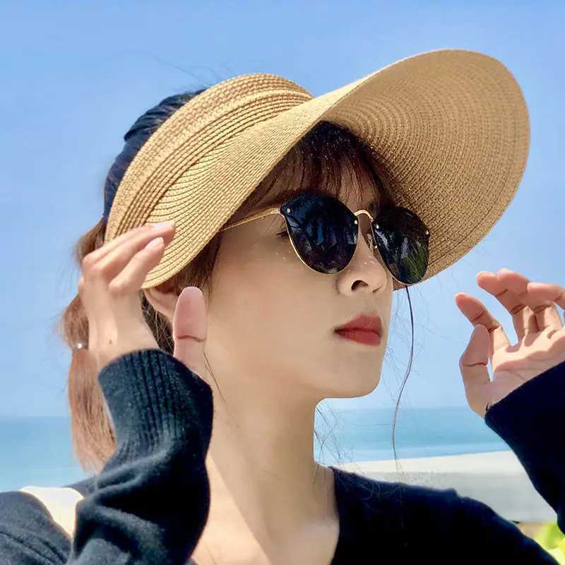 Women Summer Straw Visor Hat Breathable Wide Brim Sun Cap Golf Beach Foldable Duck Tongue Design with Neck Protection Sun Hat W250602