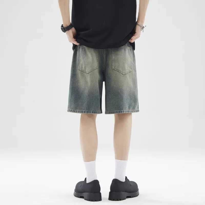 Men Denim Shorts Knee Length Shorts Zipper Fly Solid Mid Waist Pockets Loose Fit Casual Distressed Washed Summer Spliced T250603