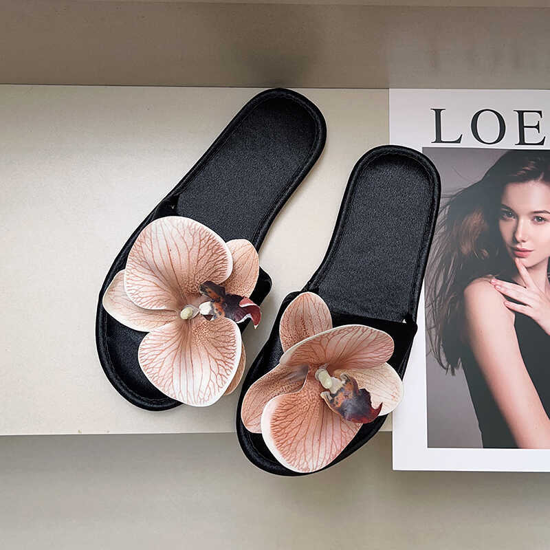 Phalaenopsis Flower Slippers Women's Fashion Versatile Outer Wear Non-slip Flat Bottom One-word Drag Home Soft Bottom Slippers