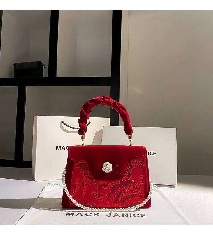 Autumn Veet Square Women Handbag Sexy Red Pearl Beading Evening Wedding Party Clutch Purse Shoulder Crossbody Bag