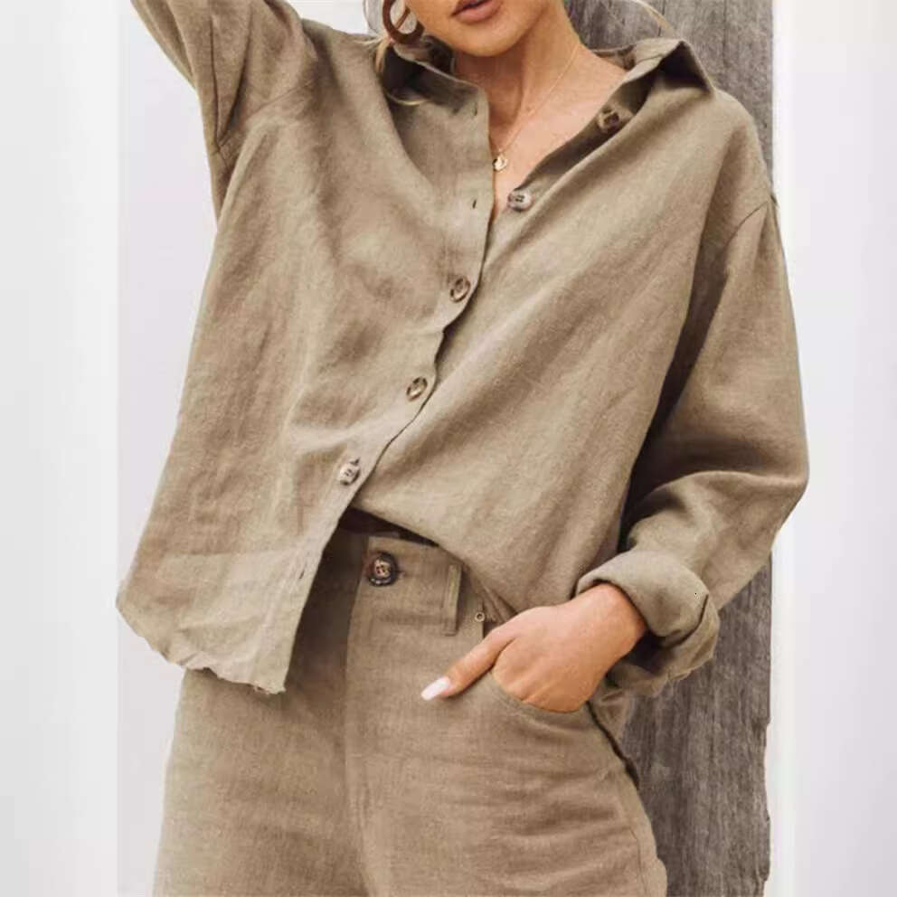 Autumn Winter Fashion Turn-Down Collar Long Sleeve Cotton Linen Loose Women's Shirt B5